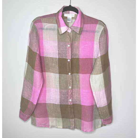 Doncaster 100% Linen Long Sleeve Pink Brown Plaid Button‎ Up Top Size 6 - Picture 1 of 8